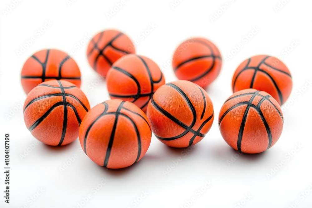 A collection of orange basketballs arranged on a clean white surface, ideal for use in sports-related or educational settings A collection of orange basketballs arranged on a clean white surface, ideal for use in sports-related or educational settings