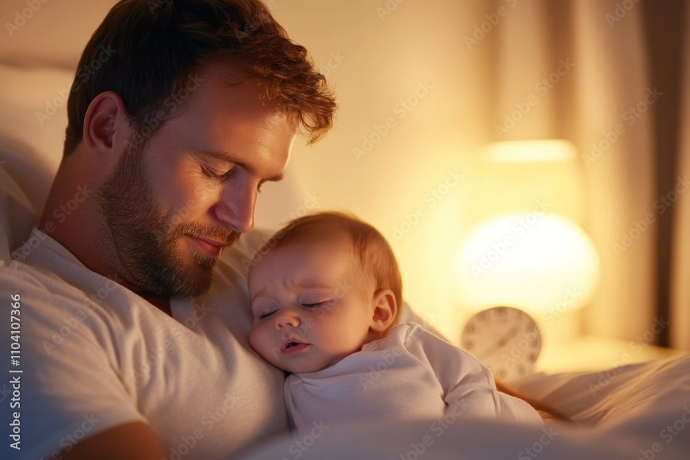 Father embraces baby with tender lamp clock lighting Father embraces baby with tender lamp clock lighting