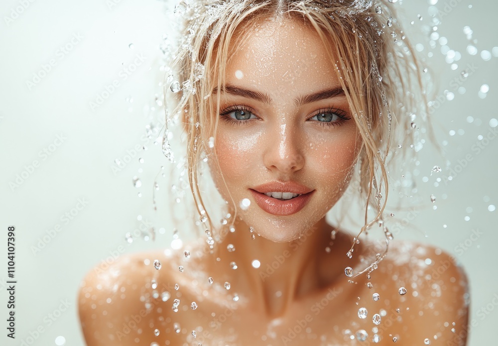 A close-up portrait of a woman with water droplets, showcasing beauty and freshness. A close-up portrait of a woman with water droplets, showcasing beauty and freshness.