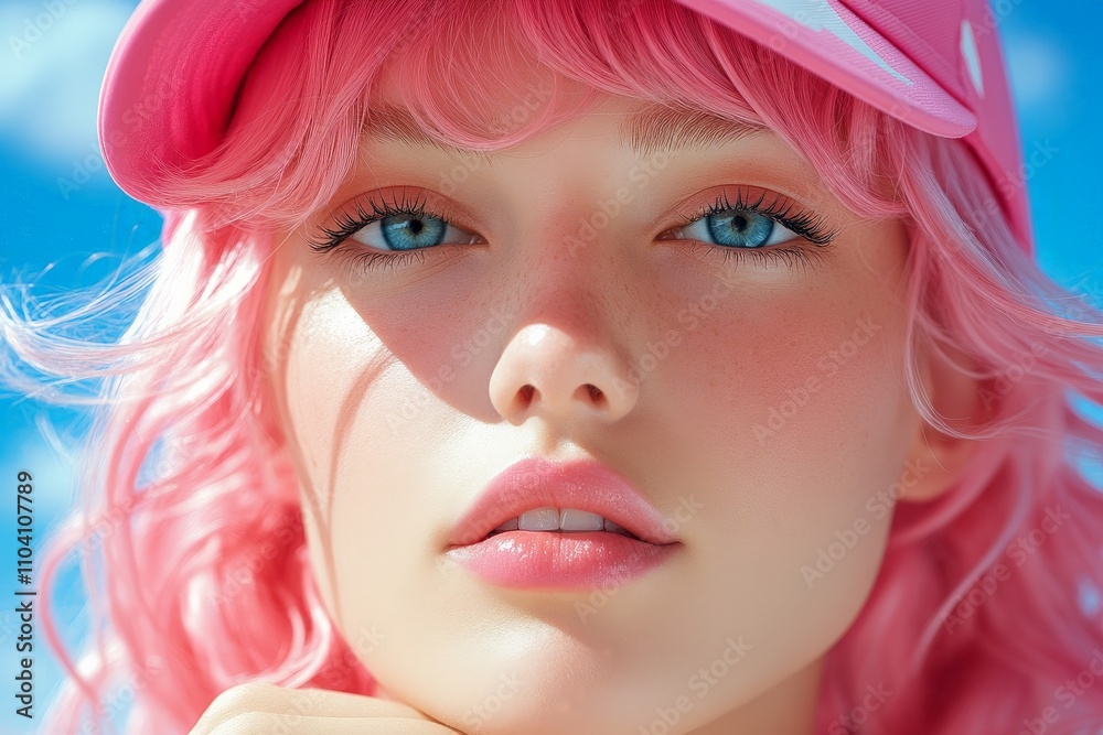 Naklejka premium A vibrant woman with striking pink hair and a matching cap gazes confidently under the bright blue sky, embracing individuality and modern style with grace and allure.