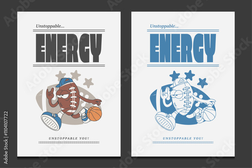 30s style rugby ball mascot cartoon character design for t-shirt, poster, logo, sticker, etc, vector illustration 