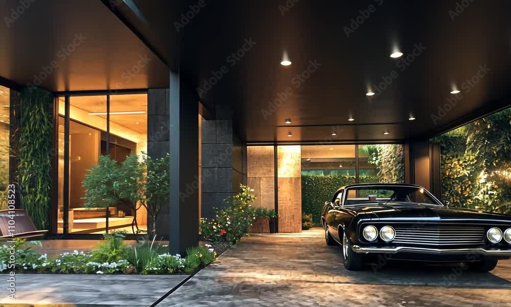 Modern house with sleek design, surrounded by greenery and a classic car in the driveway. Modern house with sleek design, surrounded by greenery and a classic car in the driveway.