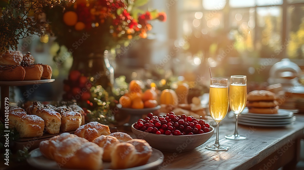 A Thanksgiving brunch setup in a country kitchen, freshly baked pastries, a bowl of cranberries, turkey sliders, and mimosas on a wooden table, surrounded by autumn-themed decor, A Thanksgiving brunch setup in a country kitchen, freshly baked pastries, a bowl of cranberries, turkey sliders, and mimosas on a wooden table, surrounded by autumn-themed decor,