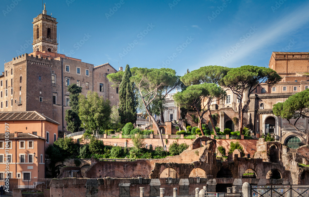 Obraz premium The Roman Forum also known by its Latin name Forum Romanum, is a rectangular forum surrounded by the ruins of several important ancient government buildings at the centre of the city of Rome. Italy
