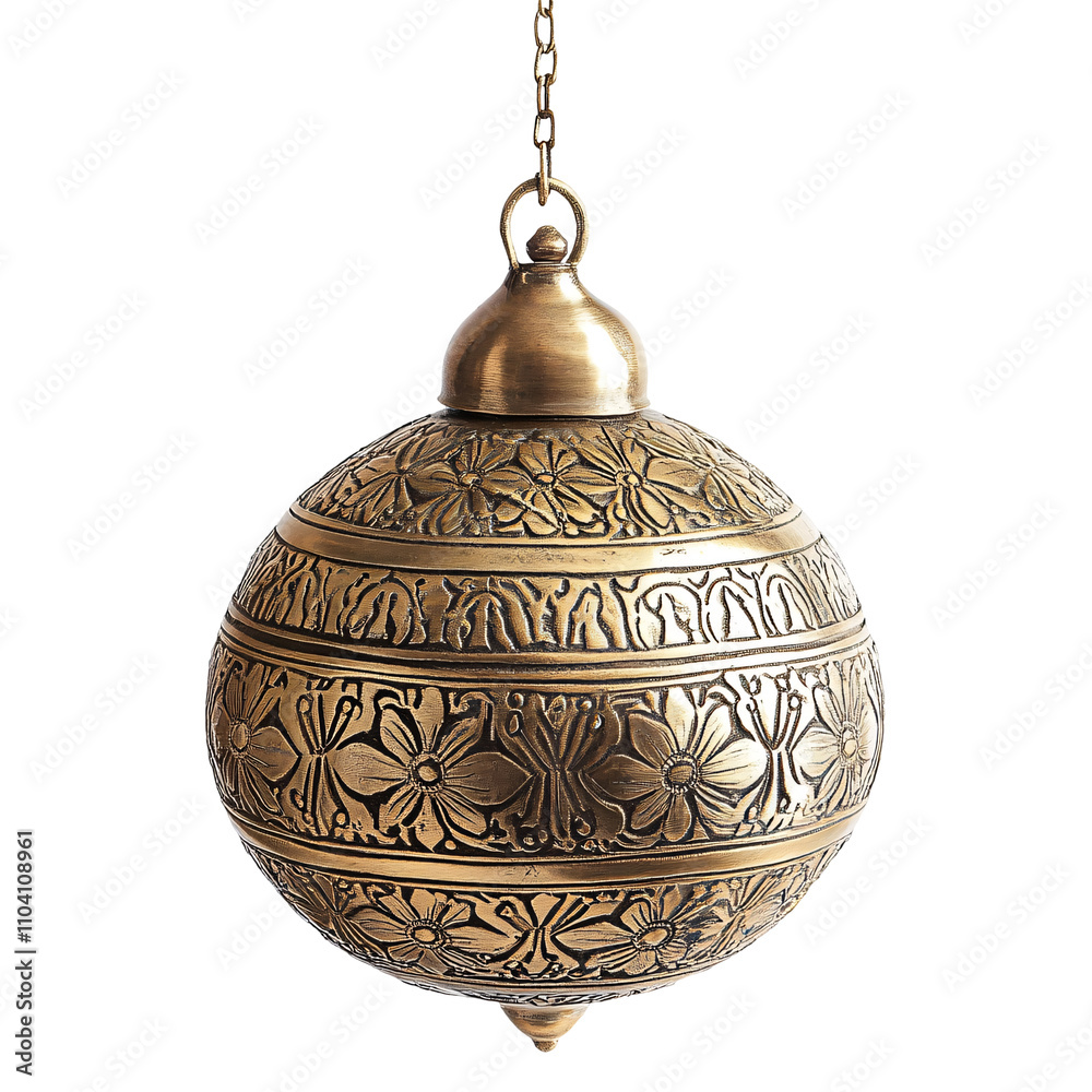 Traditional Indian brass hanging lamp with intricate carvings on a white background Traditional Indian brass hanging lamp with intricate carvings on a white background