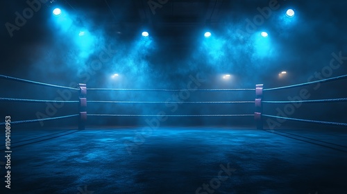 Empty boxing ring under dramatic blue spotlight in a dark, smoky atmosphere