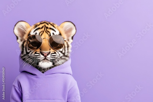 Chic tiger cub in purple hoodie with round glasses photo