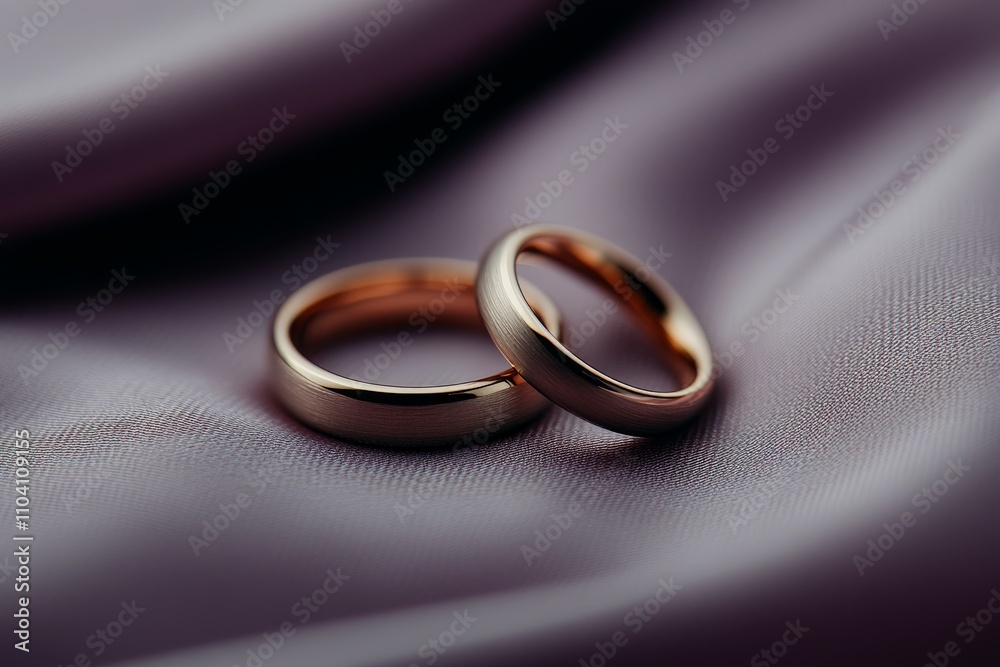 A pair of wedding rings delicately placed on a silky fabric, representing eternal love and elegance, perfectly highlighted by the background's soft texture and warmth. A pair of wedding rings delicately placed on a silky fabric, representing eternal love and elegance, perfectly highlighted by the background's soft texture and warmth.