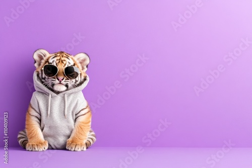 Adorable tiger in hoodie and shades on purple photo