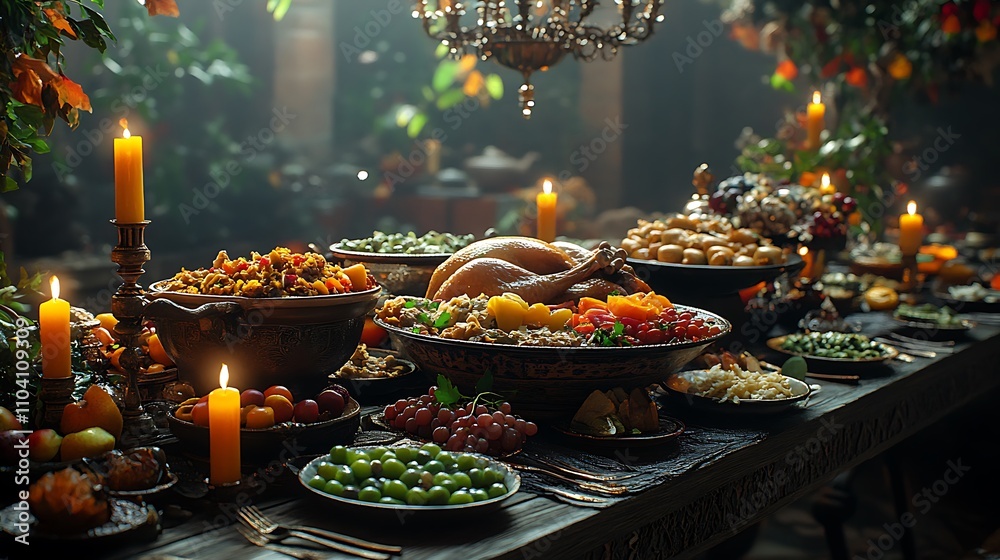 A Thanksgiving buffet with international flavors, traditional roasted turkey placed next to Mexican enchiladas, Moroccan tagine, and Thai green curry, A Thanksgiving buffet with international flavors, traditional roasted turkey placed next to Mexican enchiladas, Moroccan tagine, and Thai green curry,