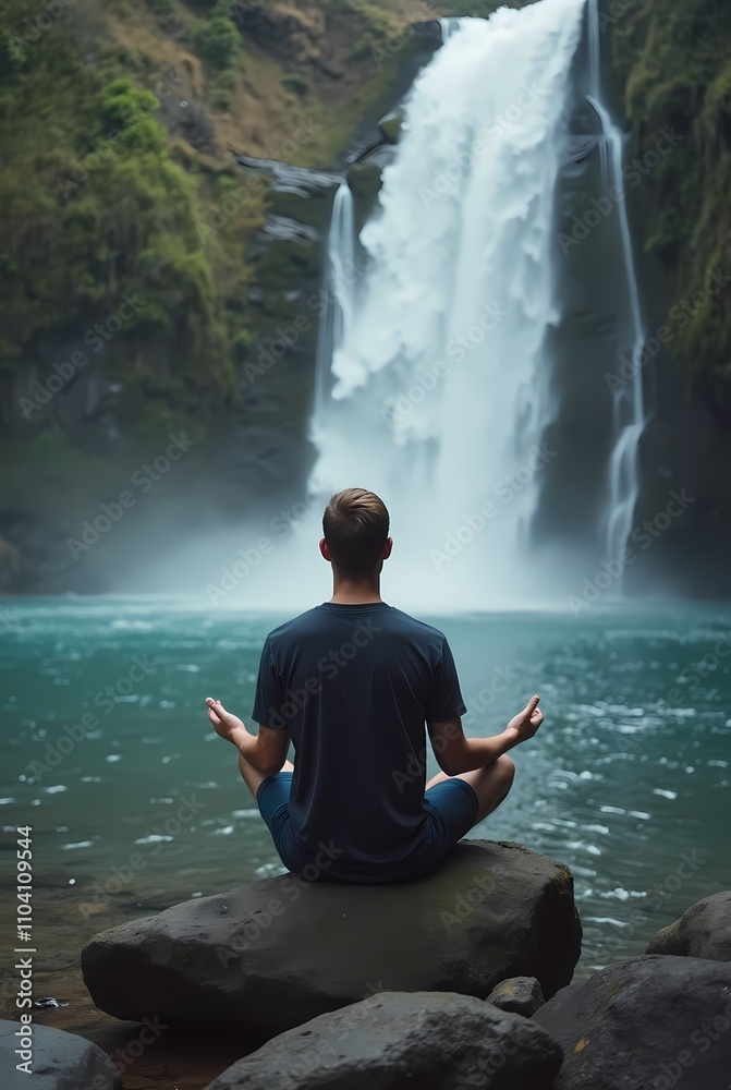 Obraz premium A man meditates by a waterfall