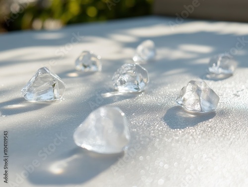 Ice cubes melting on a white surface.