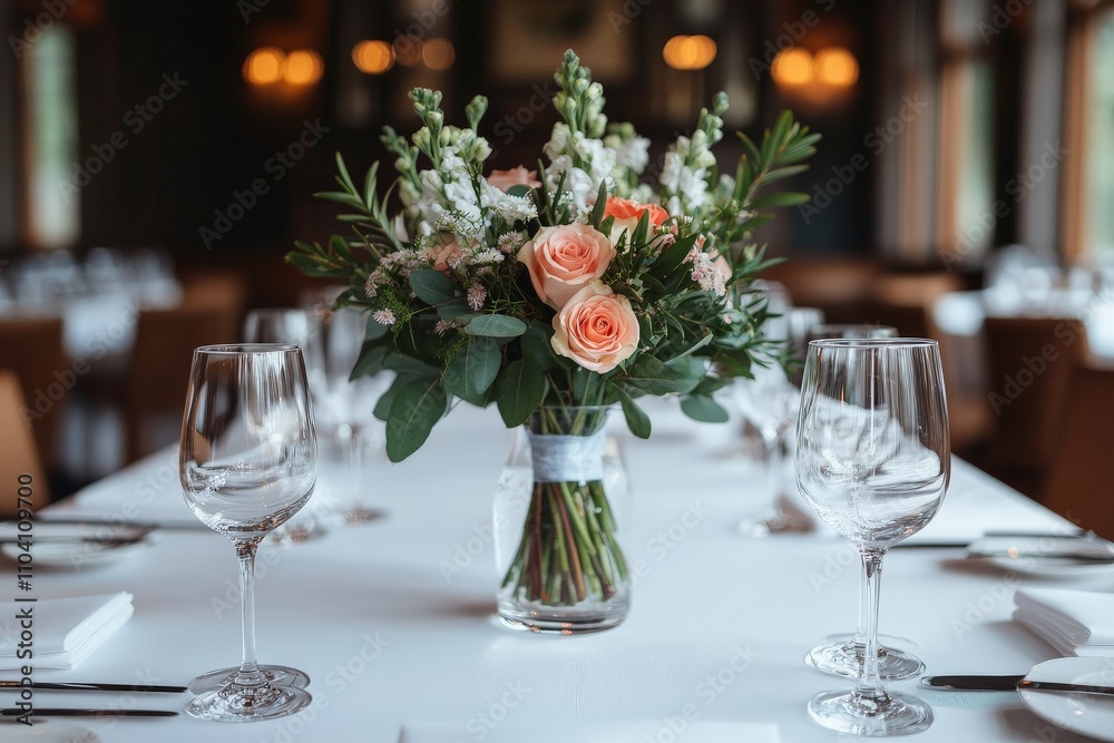 A beautifully arranged wedding table setting featuring a floral centerpiece with roses and foliage, accompanied by wine glasses and soft, dimmed ambient lighting. A beautifully arranged wedding table setting featuring a floral centerpiece with roses and foliage, accompanied by wine glasses and soft, dimmed ambient lighting.