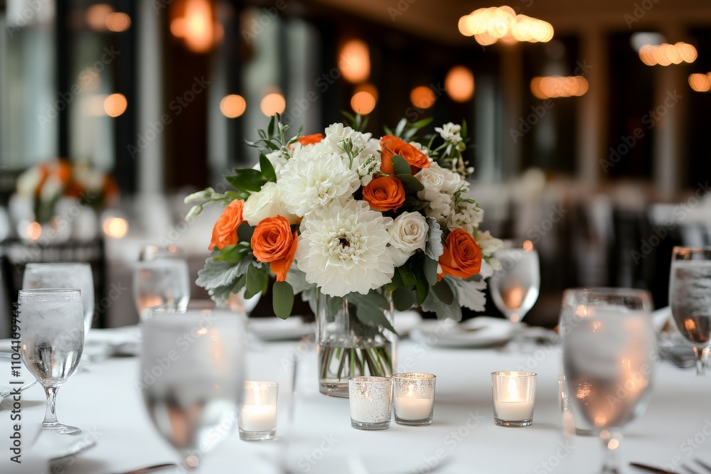 A vibrant dining table is adorned with an orange and white floral centerpiece, surrounded by glimmering votive candles, elegant glassware, and warm ambient lighting. A vibrant dining table is adorned with an orange and white floral centerpiece, surrounded by glimmering votive candles, elegant glassware, and warm ambient lighting.
