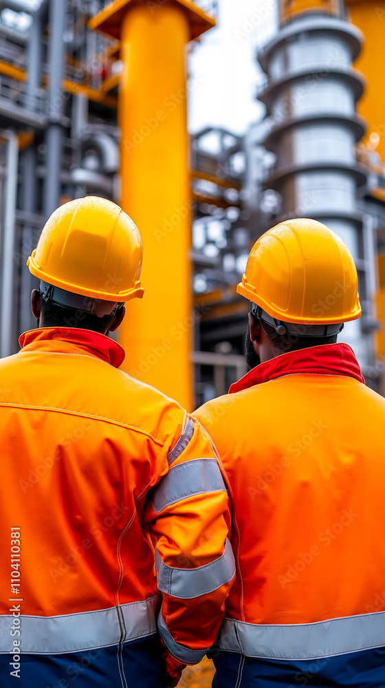 Two men in orange safety vests and hard hats standing in front of an oil refinery Two men in orange safety vests and hard hats standing in front of an oil refinery