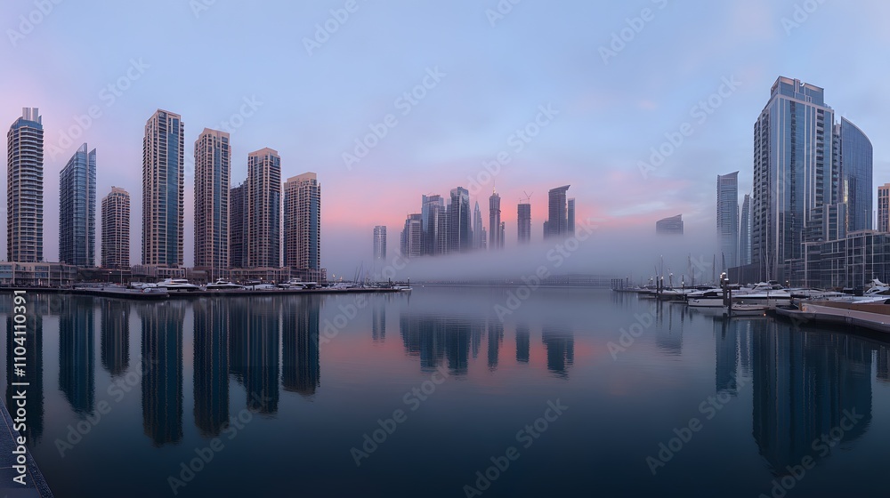 Obraz premium Dubai Marina Skyline Reflected In Calm Waters At Dawn