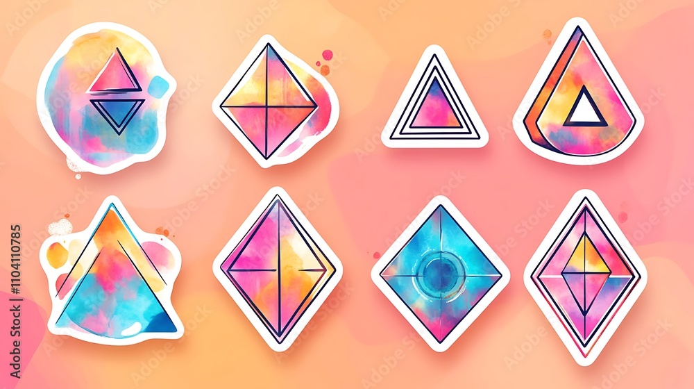 Vibrant sticker collection with colorful geometric shapes on a soft pastel background Vibrant sticker collection with colorful geometric shapes on a soft pastel background