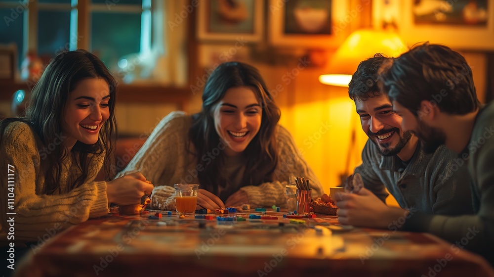 Fototapeta premium A Thanksgiving family game night, a group playing classic board games, snacks and warm drinks on the side, vibrant expressions and shared laughter filling the scene,