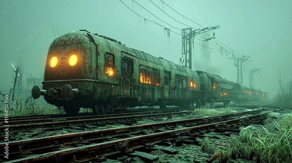 Obraz premium dystopia society concept. A haunting, abandoned train sits on overgrown tracks in a foggy, green landscape, evoking a sense of mystery and desolation.