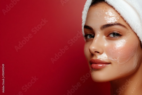 A female with glowing skin and a towel wrapped around her head applies a facial mask, portraying self-care and beauty routine, set against a vibrant red background.