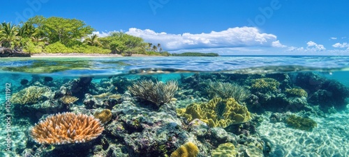 Tropical Island Paradise: Underwater Coral Reef and Lush Coastline