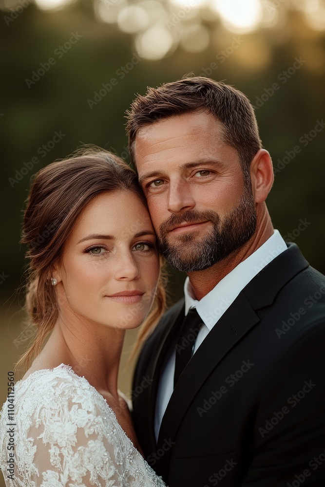 An outdoor portrait captures a bride and groom in a warm embrace, exuding happiness and closeness amidst a backdrop of sunlit trees and gentle greenery. An outdoor portrait captures a bride and groom in a warm embrace, exuding happiness and closeness amidst a backdrop of sunlit trees and gentle greenery.