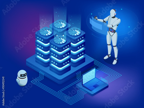 Isometric AI Artificial Intelligence. AI-powered robots simplify business analytics by processing data and identifying key patterns. They enable companies to make better, data-driven decisions