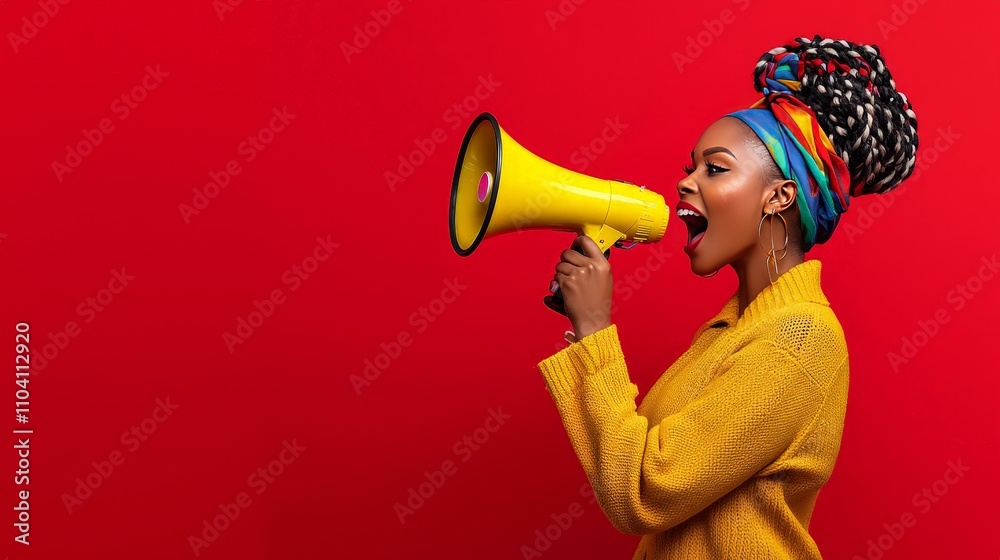Bold woman with braided hair passionately gripping a bright yellow megaphone against a vibrant red backdrop, embodying empowerment and activism. Bold woman with braided hair passionately gripping a bright yellow megaphone against a vibrant red backdrop, embodying empowerment and activism.