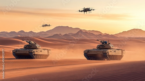 Military tanks and drones in desert at sunset. photo