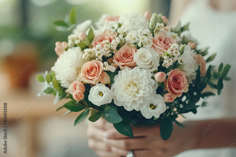 Obraz premium A beautifully arranged wedding bouquet featuring delicate roses and blooms in white and blushing pinks, symbolizing romance, tenderness, and celebration.