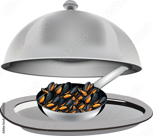 Steaming mussels served on a silver platter with a cloche