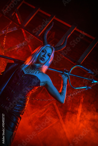 A beautiful woman with devilish horns on a red blood like smoky hell concept background. photo