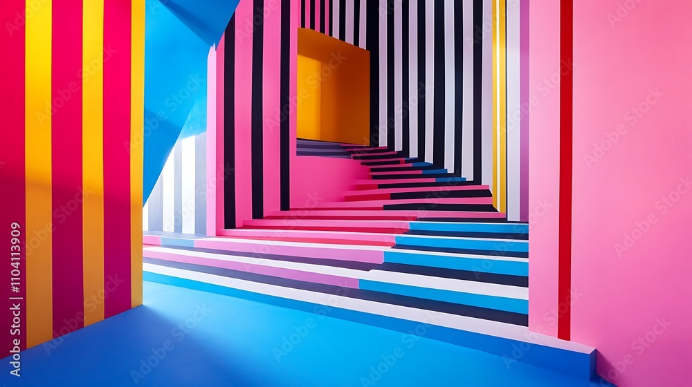Obraz premium Retro-themed advertising design with bold stripes and vivid neon tones