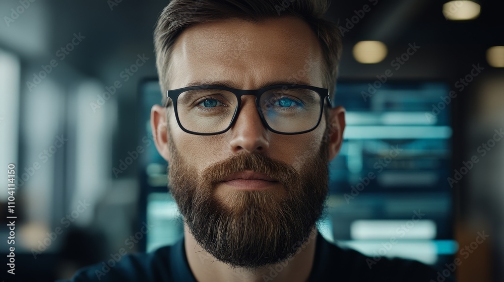 A portrait of a man wearing glasses and a beard, staring directly at the camera with a focused expression in an indoor setting, exuding confidence and modernity. A portrait of a man wearing glasses and a beard, staring directly at the camera with a focused expression in an indoor setting, exuding confidence and modernity.