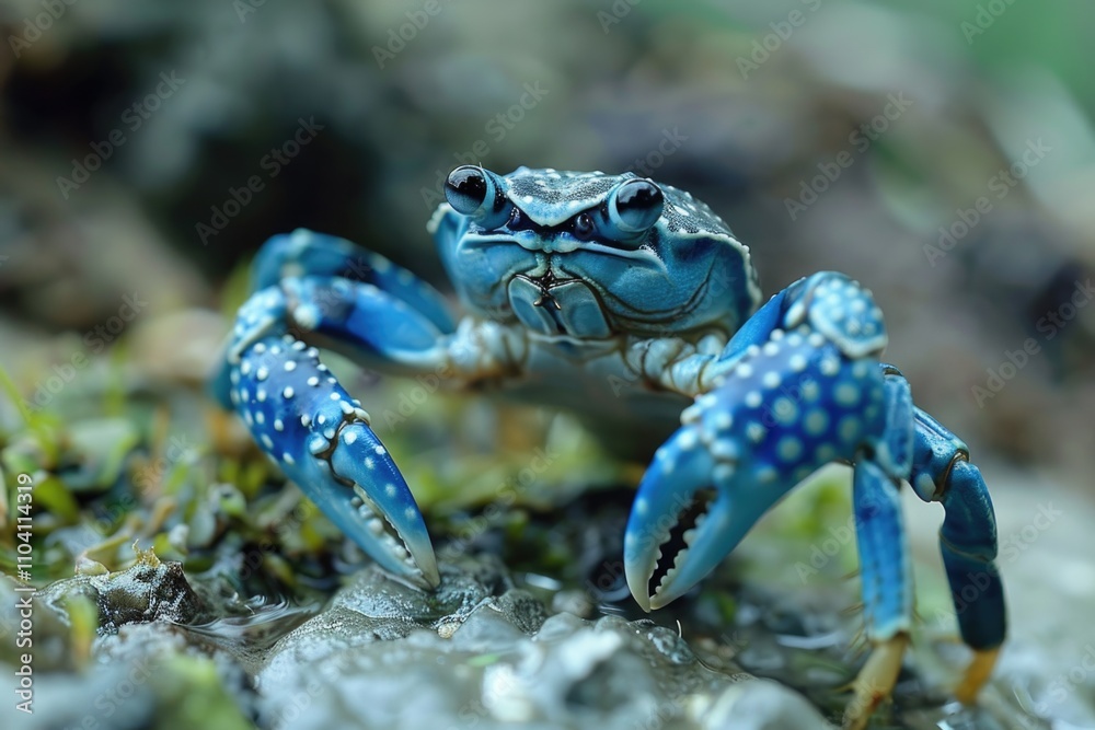 A blue crab sits on top of a rock in its natural habitat