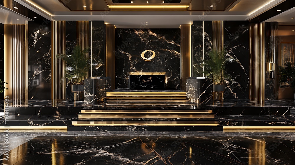 Luxurious 3D display with black marble platforms and gold accents Luxurious 3D display with black marble platforms and gold accents