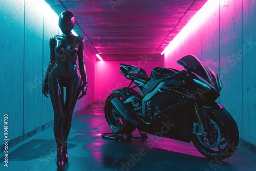 A woman in a black latex suit stands next to a sports motorcycle in a dark tunnel with neon lights, pink and blue lighting. Cinematic style of fashion photography reminiscent of a fashion magazine.