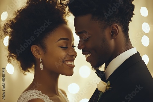 A radiant couple, newly married, shares an intimate smile against a backdrop of romantic lights, embodying love and joy on their special occasion. photo