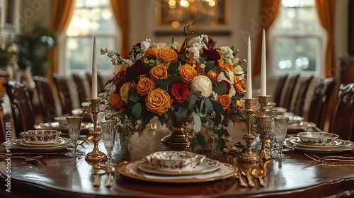 A timeless Thanksgiving dinner arrangement, a mahogany table adorned with silk runners, delicate china, and gold candlesticks, an opulent floral centerpiece with autumn tones, photo