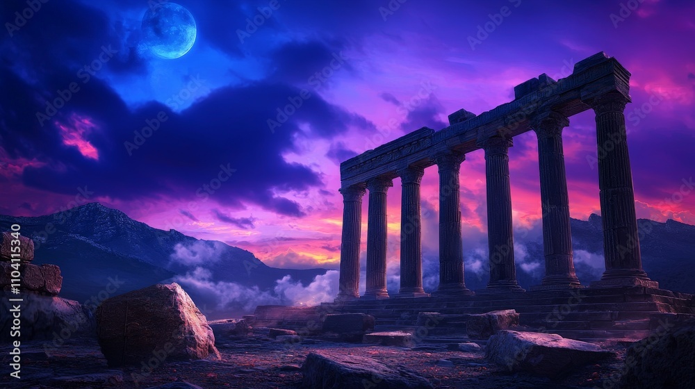 Naklejka premium Majestic Temple Ruins Glowing Under Twilight Sky with Moonlight and Dramatic Colors Illuminating an Ancient Landscape