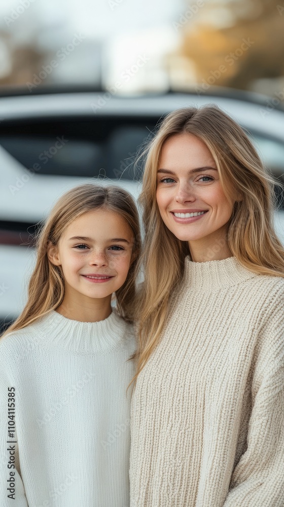 A mother and daughter duo smile warmly while standing outside on a sunny day, wearing cozy sweaters and enjoying a loving, family moment in nature together. A mother and daughter duo smile warmly while standing outside on a sunny day, wearing cozy sweaters and enjoying a loving, family moment in nature together.
