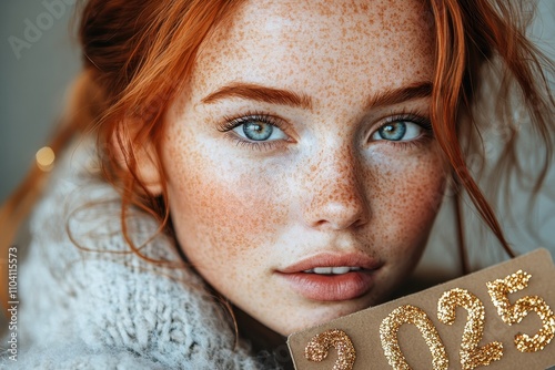 Freckled girl with copper hair holds 