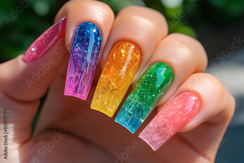 Colorful and glittery long nails featuring gradient and shimmery designs.