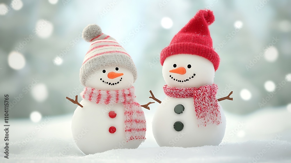 Two snowmen, wearing red and patterned hats and scarves, stand in the snow. Two snowmen, wearing red and patterned hats and scarves, stand in the snow.