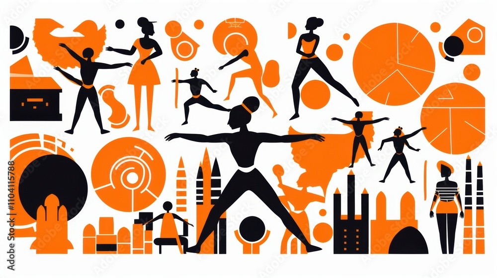 Naklejka premium A vibrant abstract illustration featuring diverse figures in dynamic poses against a backdrop of orange and black geometric shapes.