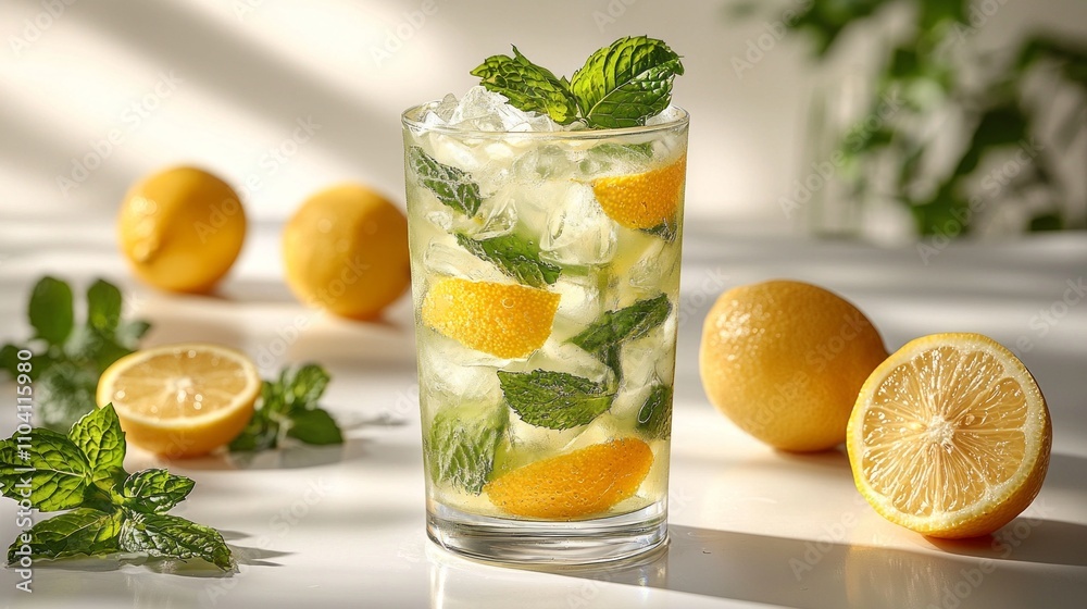 vibrant glass iced lemonade filled ice and garnished fresh mint and lemon slices exudes cool and inviting allure bright white backdrop. vibrant glass iced lemonade filled ice and garnished fresh mint and lemon slices exudes cool and inviting allure bright white backdrop.