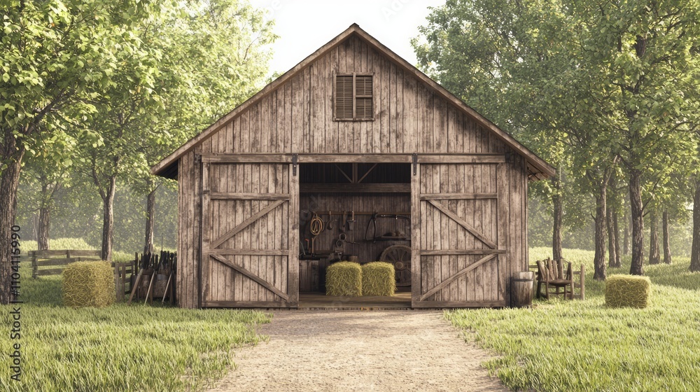 Ultra-Detailed Photorealistic Image of Rustic Barn Door with Farm Tools and Hay Bales Inside, Surrounded by Lush Grass Field Ultra-Detailed Photorealistic Image of Rustic Barn Door with Farm Tools and Hay Bales Inside, Surrounded by Lush Grass Field