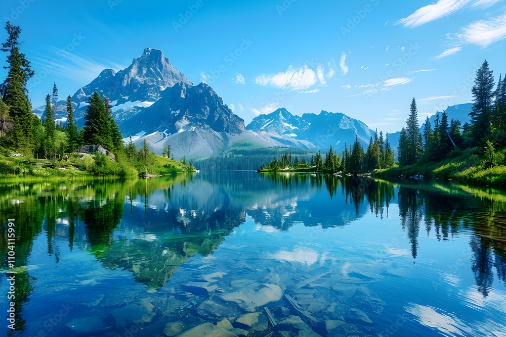 Tranquil Mountain Lake with Lush Forests and Majestic Peaks Reflecting in Clear Water on a Sunny Day
