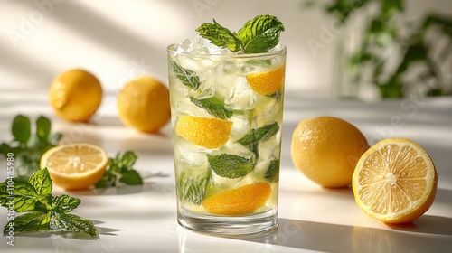 vibrant glass iced lemonade filled ice and garnished fresh mint and lemon slices exudes cool and inviting allure bright white backdrop.