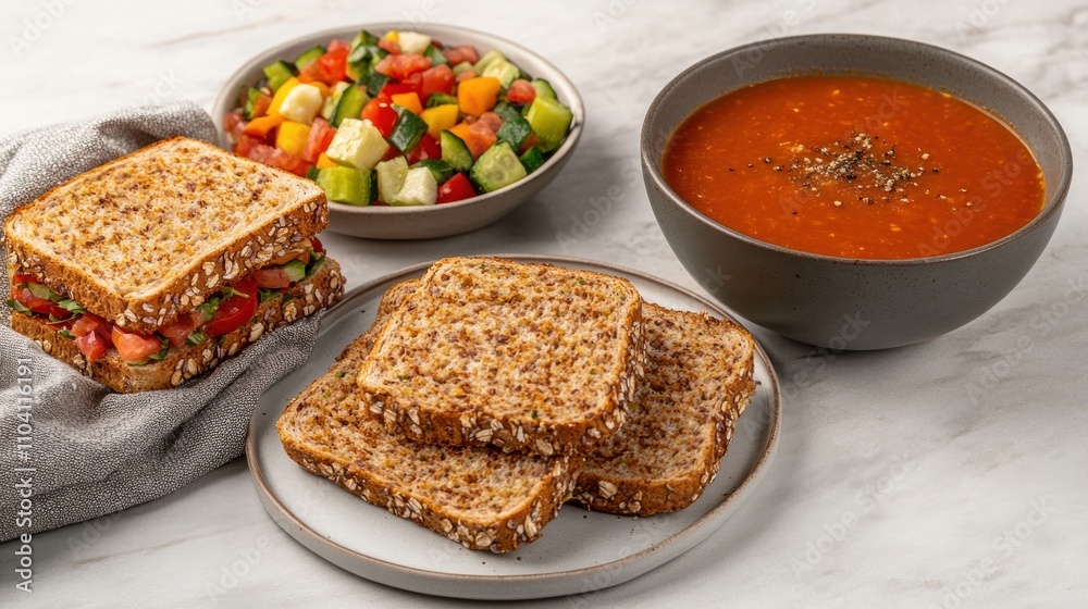 A healthy meal featuring sandwiches, a salad, and tomato soup on a marble table. A healthy meal featuring sandwiches, a salad, and tomato soup on a marble table.